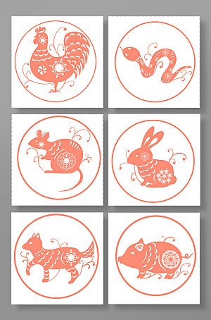 十二生肖兔老鼠蛇鸡狗猪插画设计