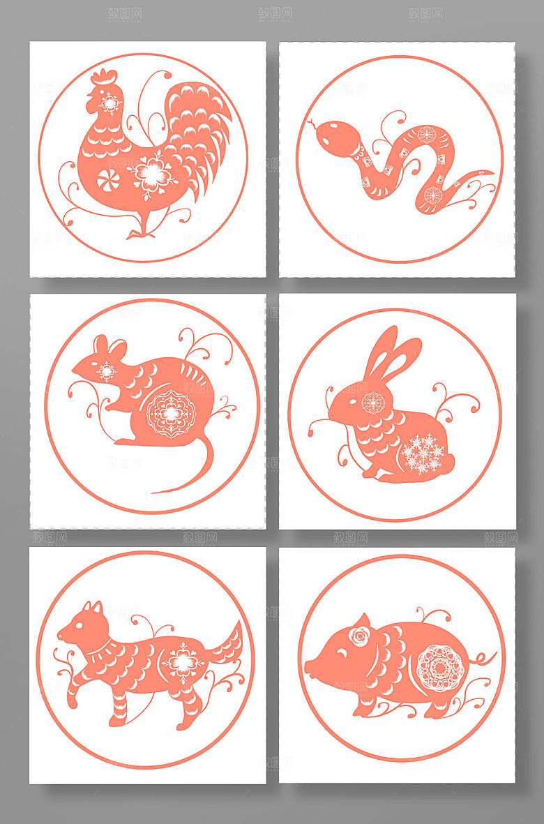 十二生肖兔老鼠蛇鸡狗猪插画设计