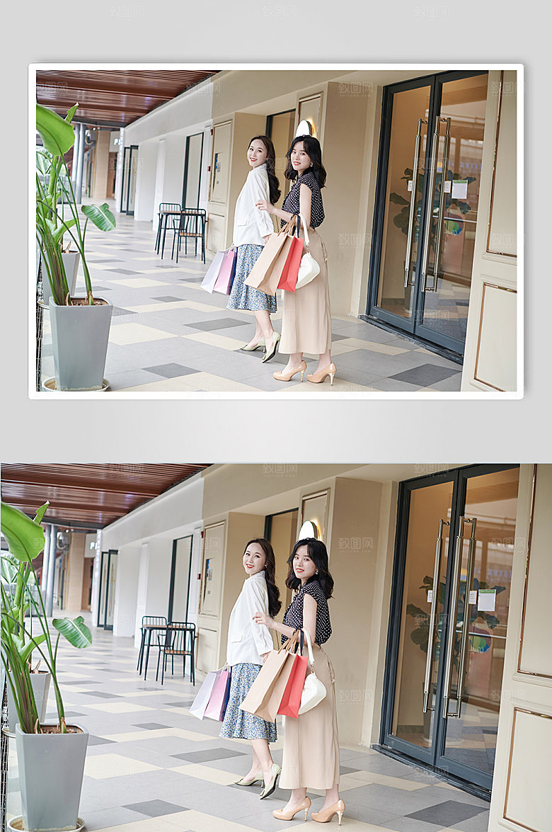 碎花裙女生双人服装店摄影图