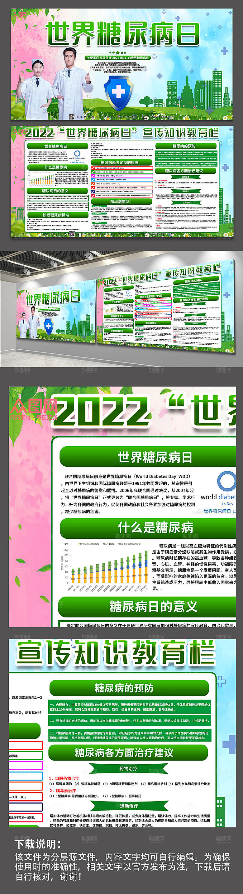 清新预防糖尿病医疗展板模板