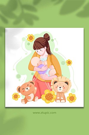 卡通妈妈哺乳母乳母婴插画设计