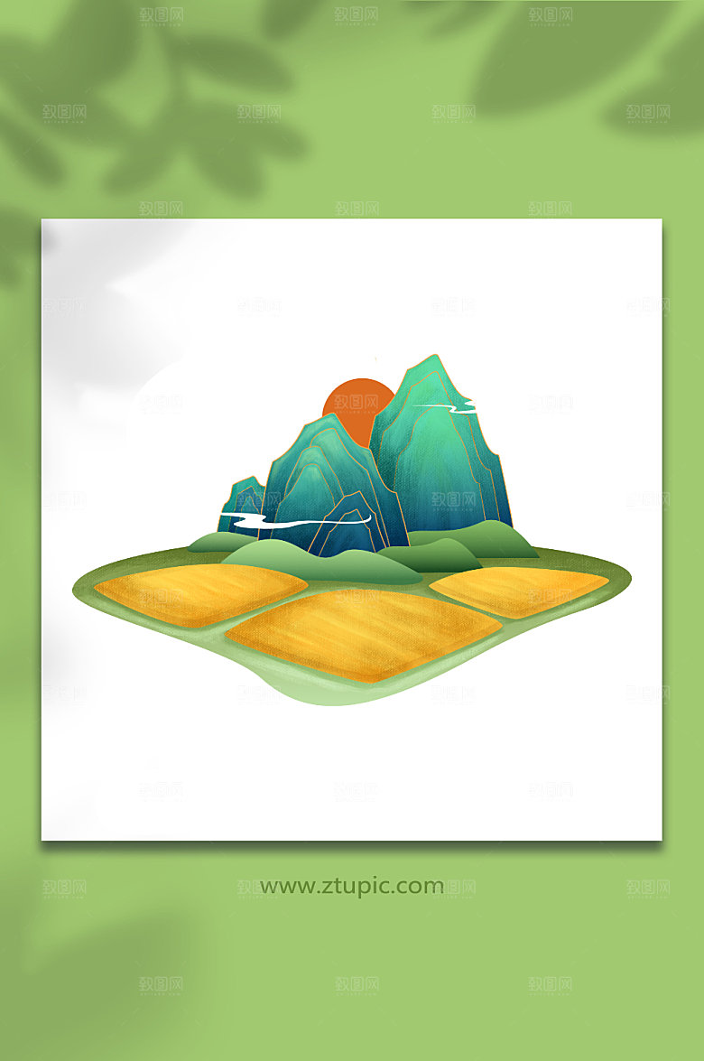 手绘稻田山丰收大米插画设计
