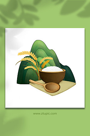 手绘水稻丰收季节碗麦穗设计插画