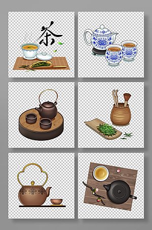 国潮茶艺茶具组合插画元素