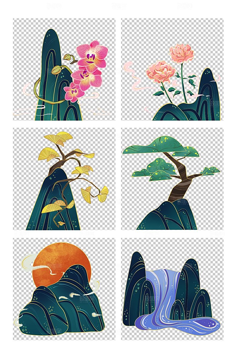 国潮月季兰花日出树木国插画设计
