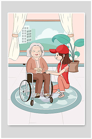 扁平志愿者轮椅老年插画设计