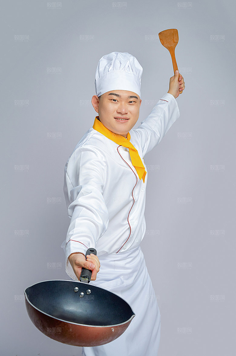 餐饮厨师服拿锅人物摄影图片