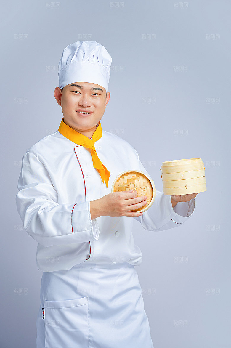 餐饮职场厨师服拿蒸笼人物图片