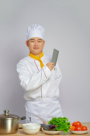 餐饮商业厨师服人物菜刀摄影