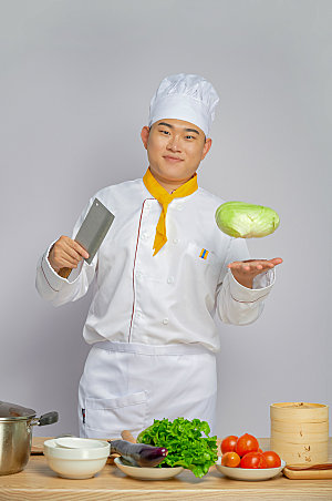 餐饮厨师服人物摄影手持菜刀图片
