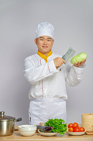 餐饮厨师服人物摄影菜刀蔬菜图片