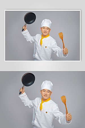 餐饮厨师服人物拿锅勺子摄影图片