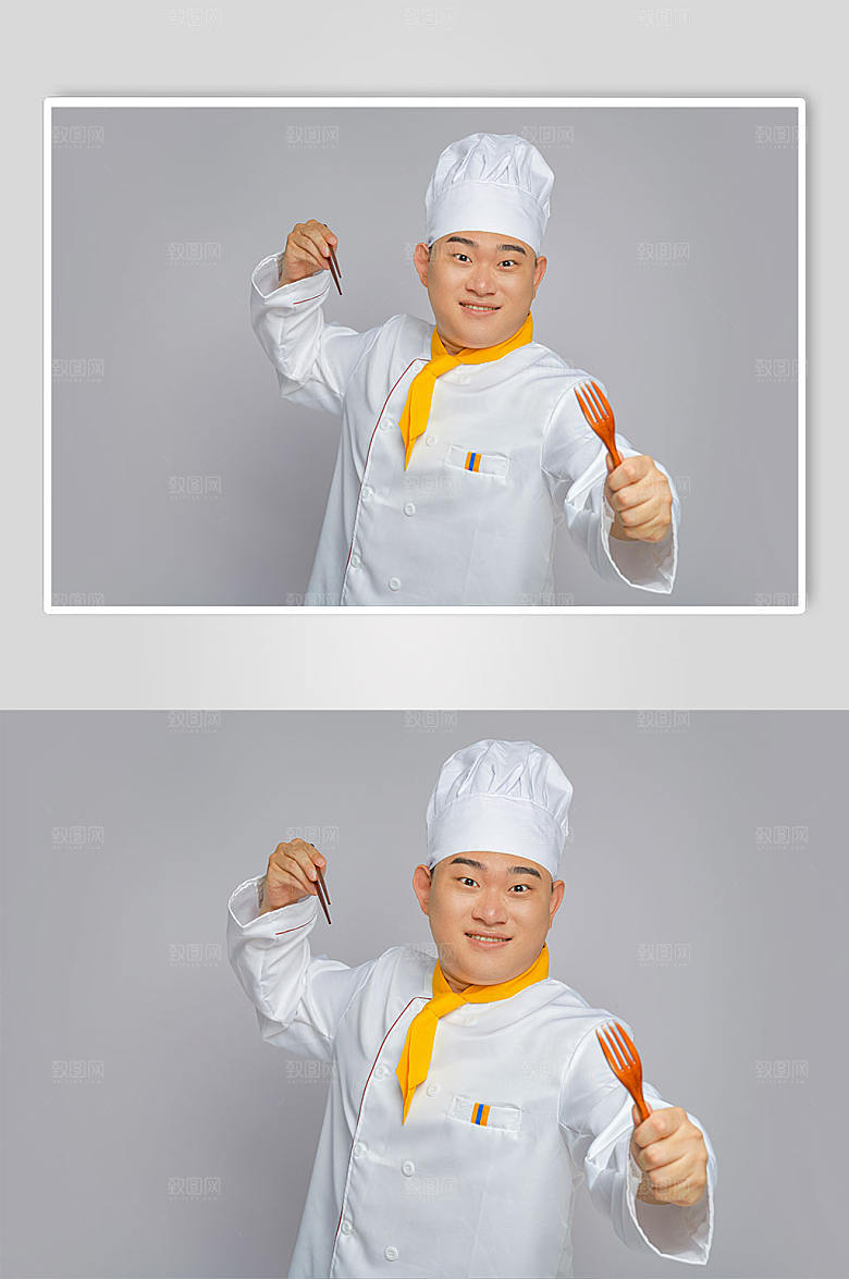 餐饮厨师服人物拿勺子摄影图片