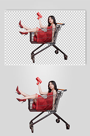 红裙子女生单人新年购物摄影图