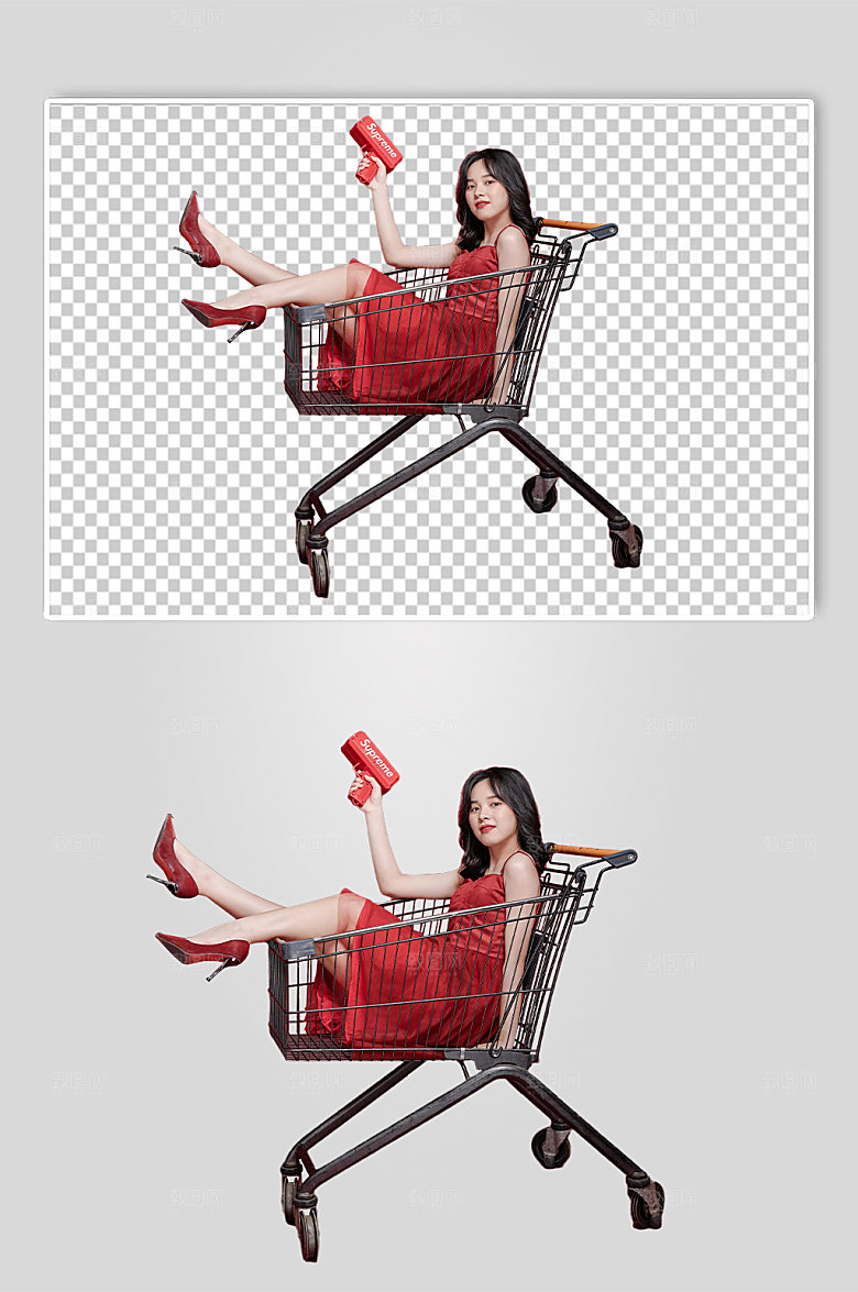 红裙子女生单人新年购物摄影图
