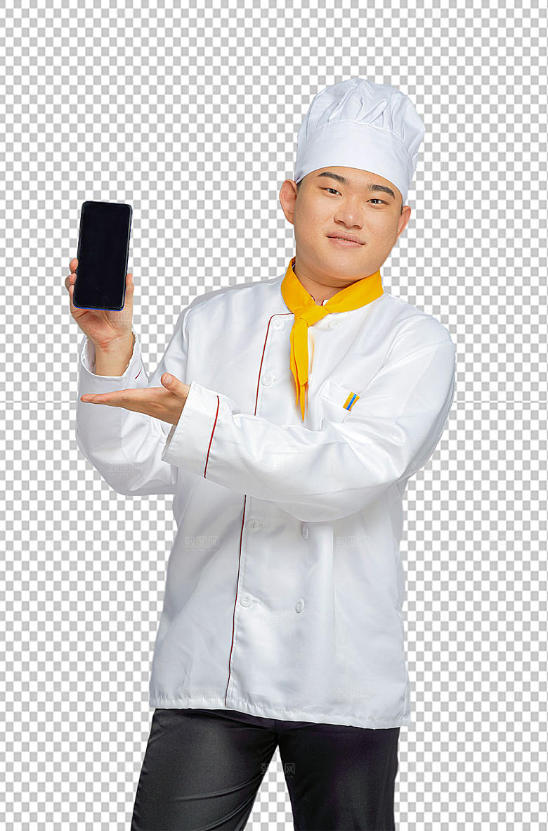 餐饮商业厨师服人物拿手机图片
