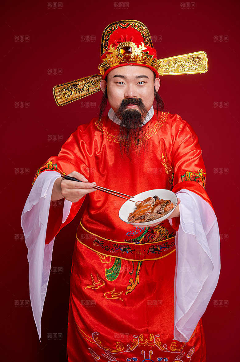 国潮新年财神爷手拿烤鸭摄影图