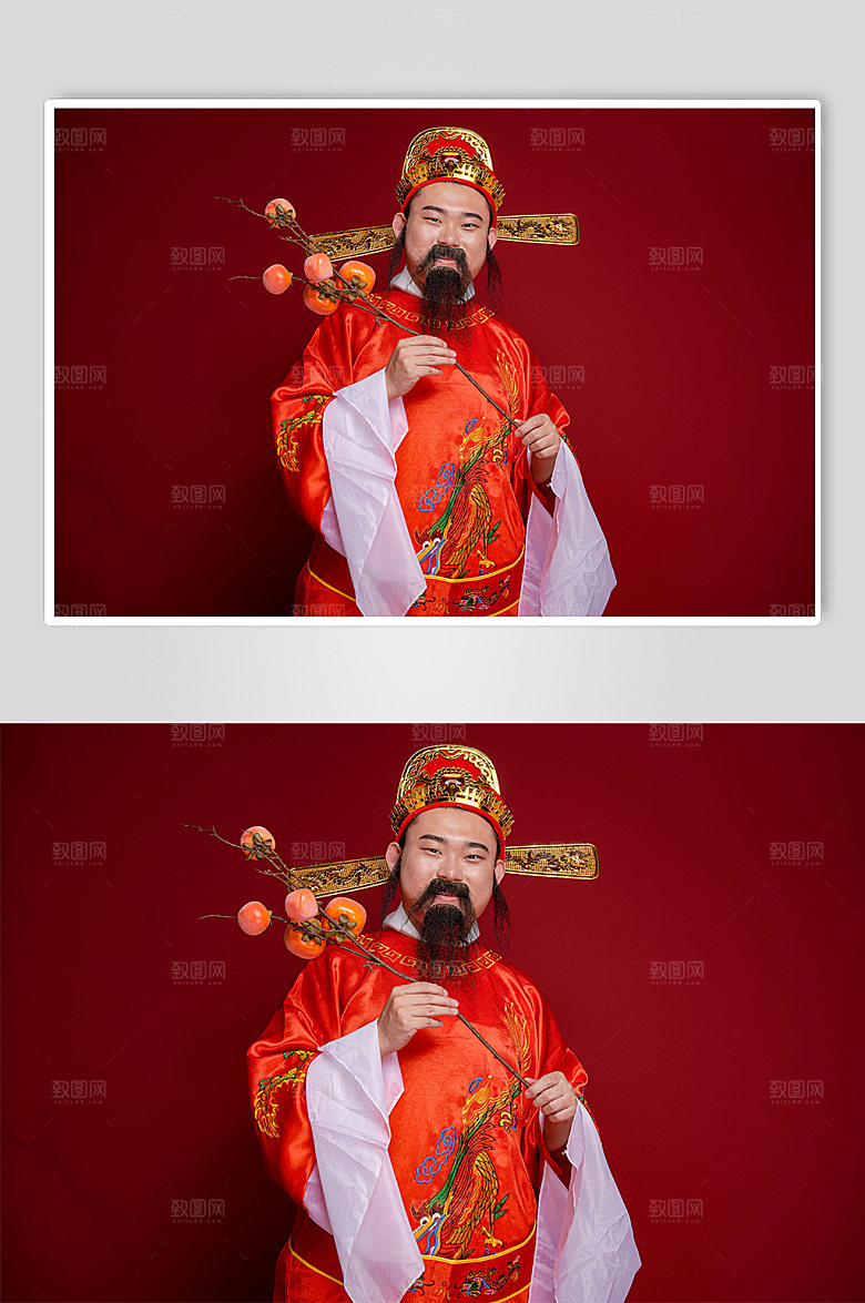 红色财神爷手持柿子树人物摄影图