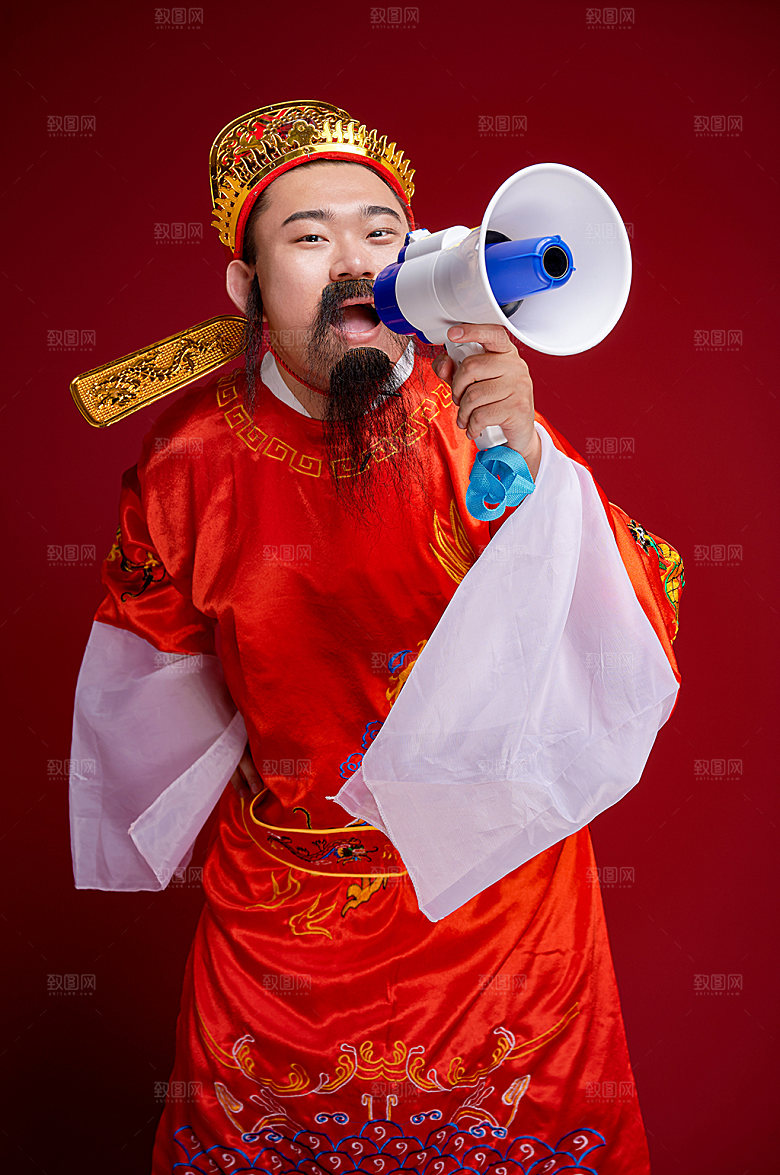 财神爷手持喇叭呐喊新年摄影图