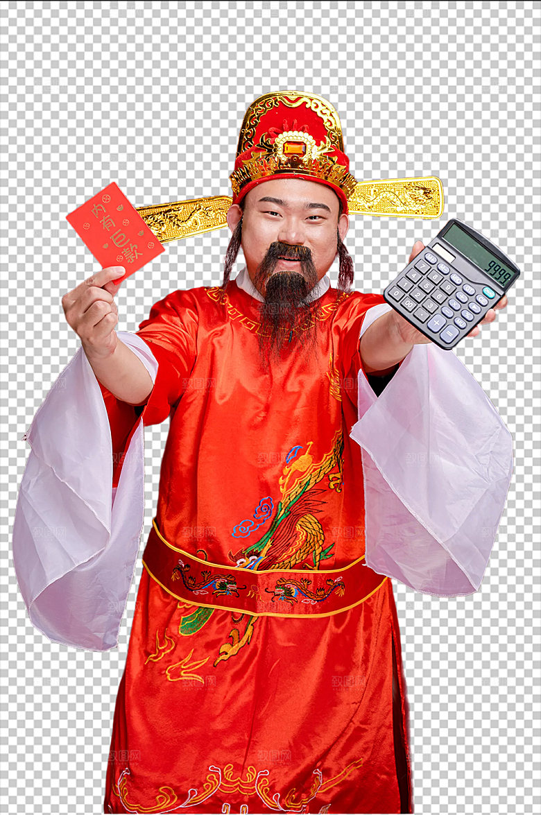 可爱财神爷手拿红包计算器摄影免抠png