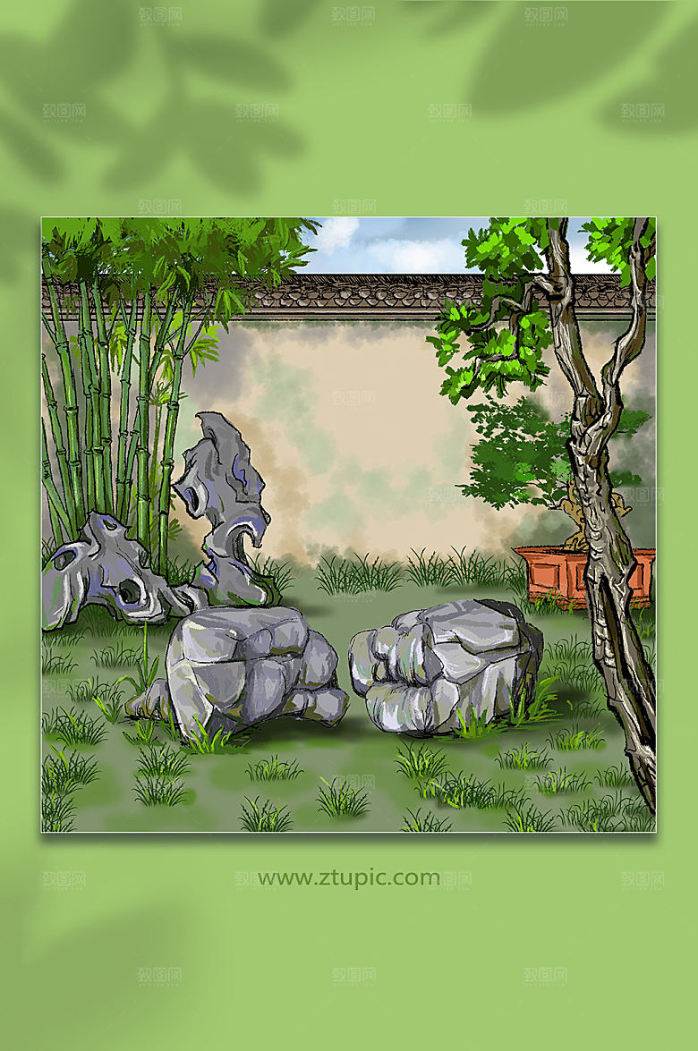 绿色园林假山绿植石头竹子插画
