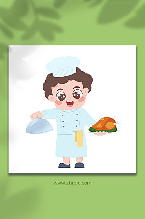 卡通上菜烤鸡厨师人物插画设计