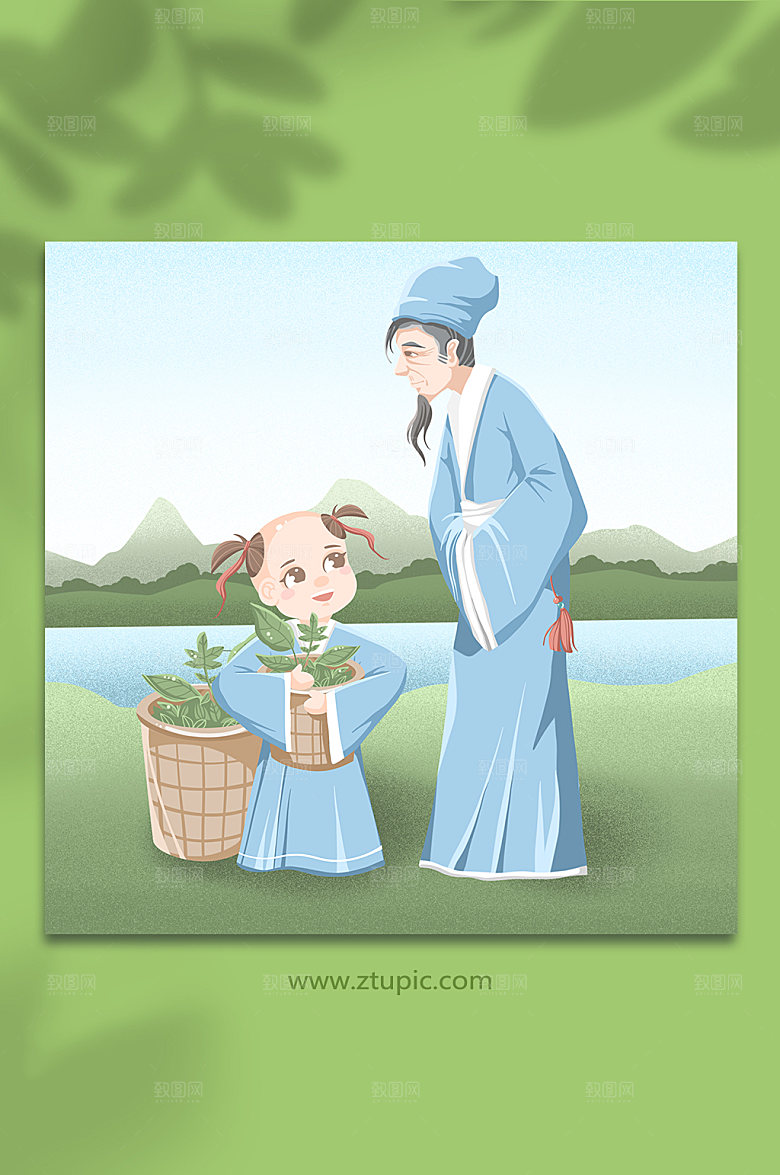 手绘采草药中医学童人物插画设计