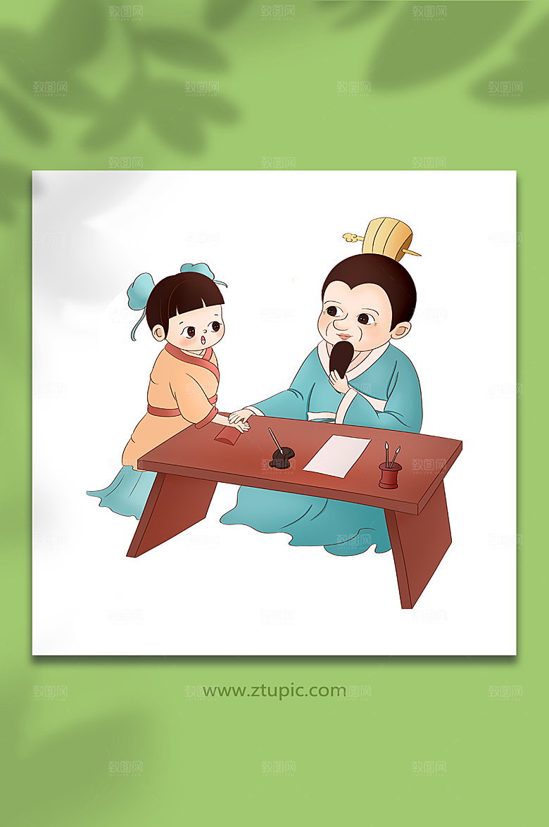 卡通老中医女孩诊脉人物插画设计