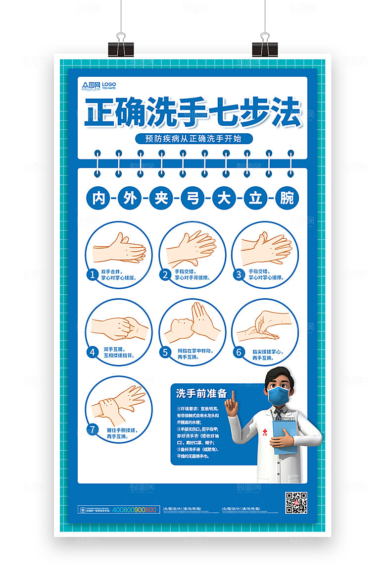 简约七步洗手法洗手展板海报设计