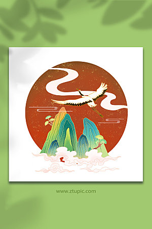 中式仙鹤和山川山水插画设计