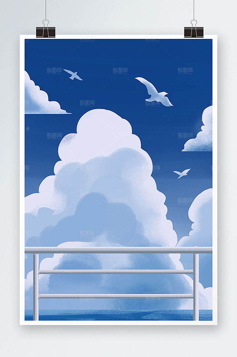 蓝色夏日海边蓝天白云背景插画