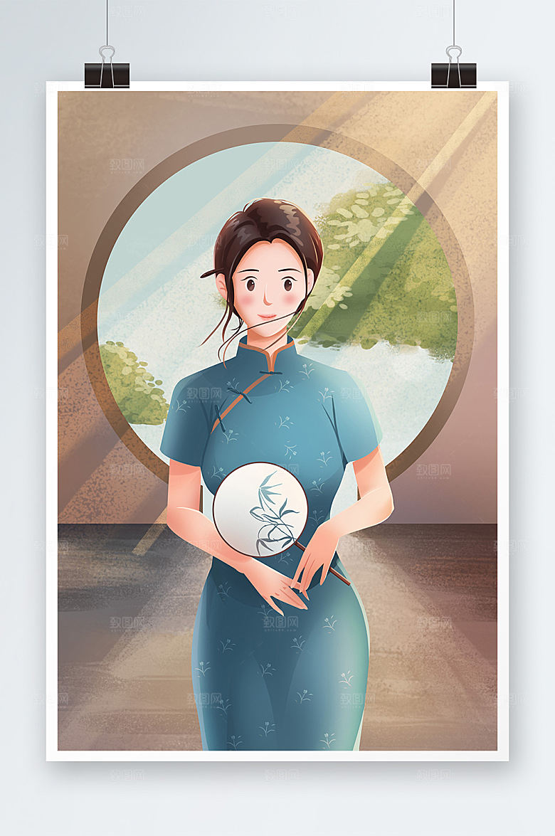 复古手拿团扇的旗袍女子插画设计