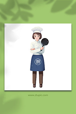 卡通拿平底锅的女厨师插画设计