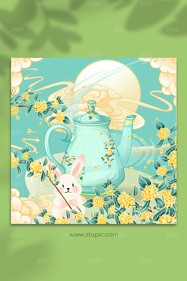 中式秋季桂花兔子插画设计