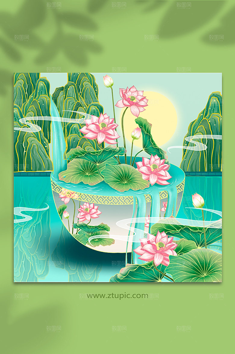 卡通夏季荷花插画设计