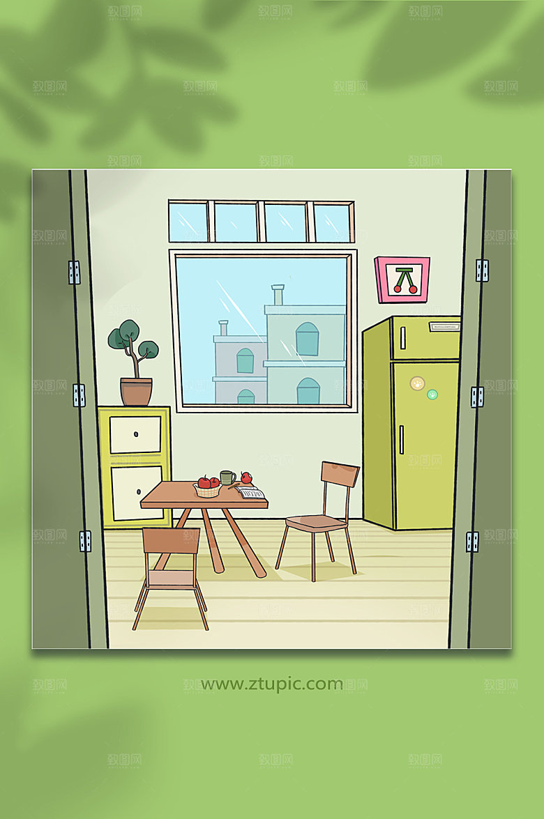 绿色居家室内插画免抠背景