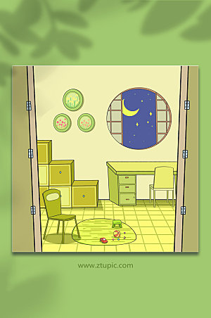 黄绿色居家室内插画背景