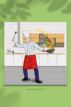卡通厨师烹饪炒菜人物插画设计