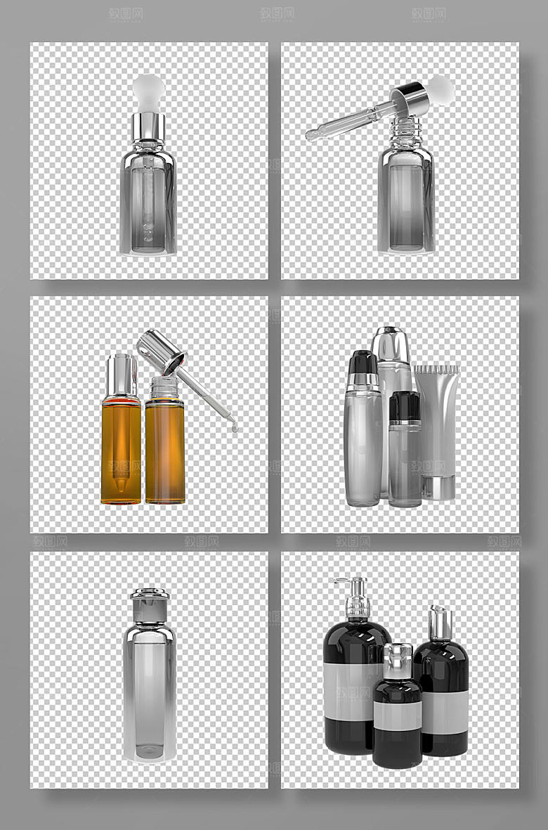 银色系护肤品3D模型免抠元素