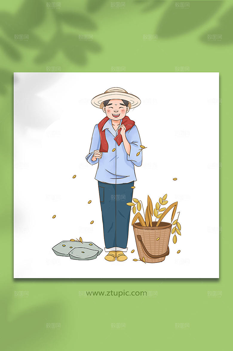 卡通稻穗旁微笑的农民插画设计