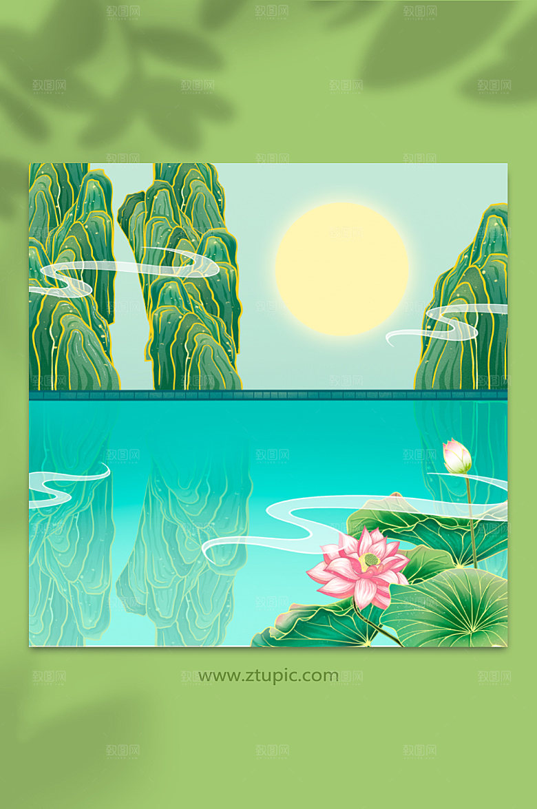 国潮明月湖泊插画免扣背景