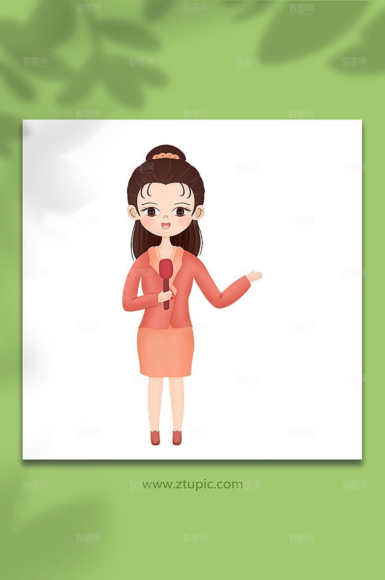 卡通手持话筒女孩记者人插画设计