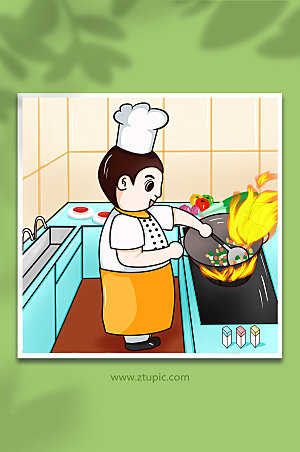 卡通烧菜厨房胖厨师插画设计