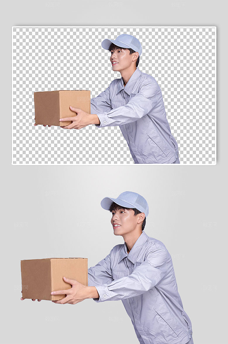 戴帽子快递小哥送包裹精修摄影图片