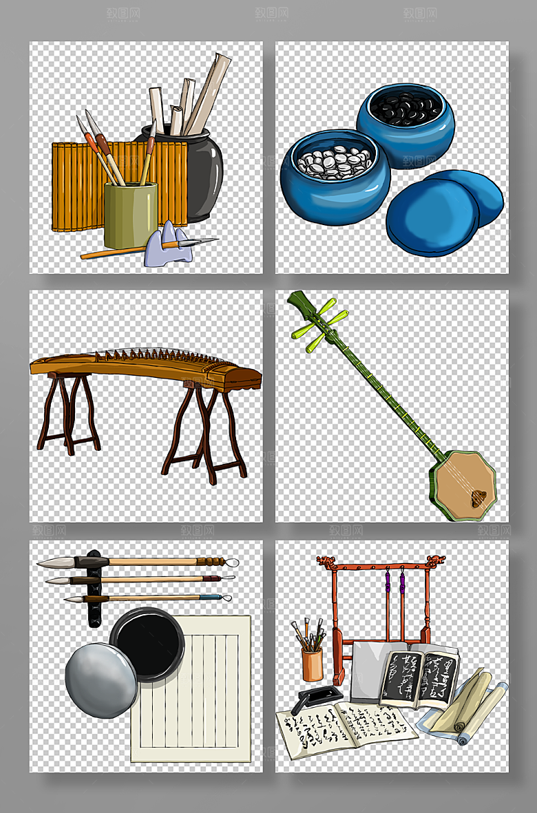 卡通琴棋书画物品插画设计