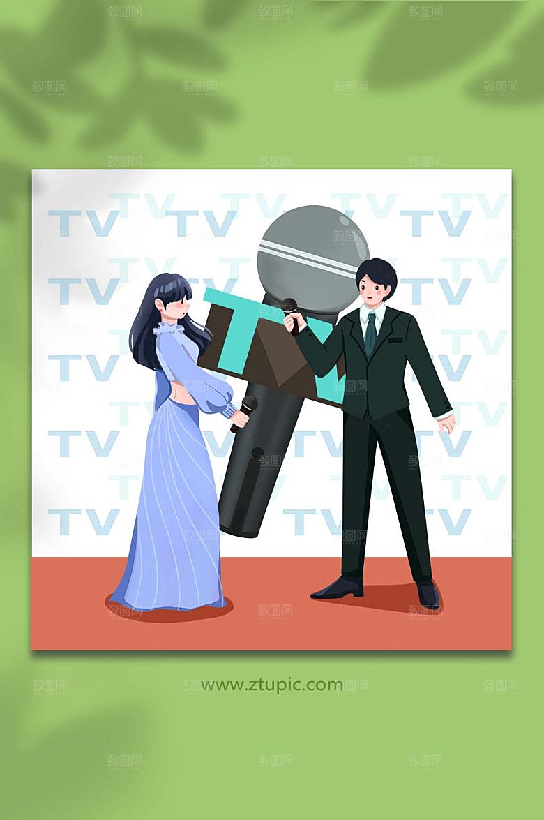 卡通采访新闻工作者日插画设计