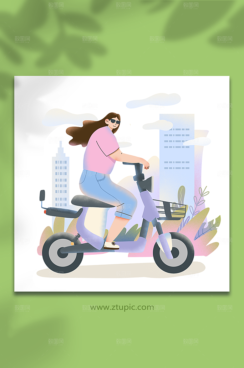 卡通电动车女交通人物插画设计