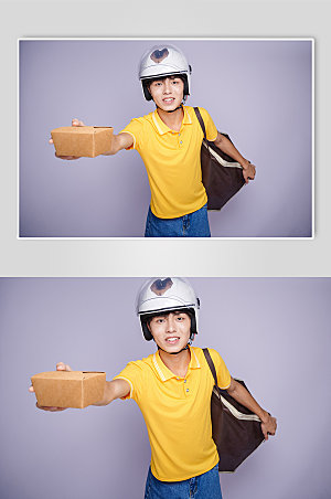 外卖小哥单手递餐盒照片商业摄影图片