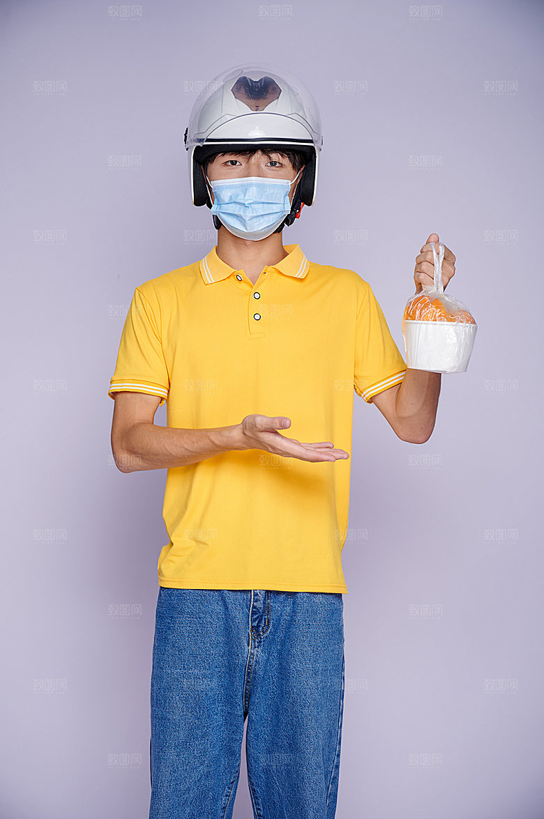 外卖员右手提餐盒照片商业摄影