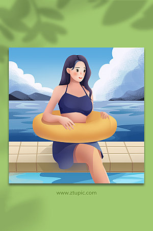 卡通夏天海边游泳女性插画设计